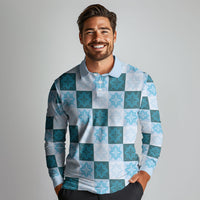 Cyan Manta Ray Hawaiian Quilt Motif Long Sleeve Polo Shirt