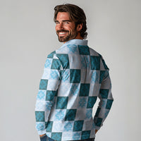 Cyan Manta Ray Hawaiian Quilt Motif Long Sleeve Polo Shirt