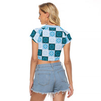 Cyan Manta Ray Hawaiian Quilt Motif Raglan Cropped T Shirt