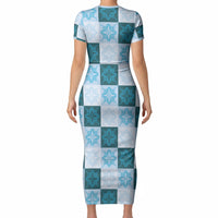 Cyan Manta Ray Hawaiian Quilt Motif Short Sleeve Bodycon Dress