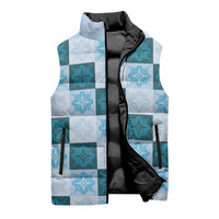 Cyan Manta Ray Hawaiian Quilt Motif Sleeveless Puffer Jacket