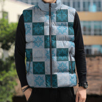 Cyan Manta Ray Hawaiian Quilt Motif Sleeveless Puffer Jacket