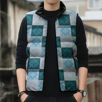 Cyan Manta Ray Hawaiian Quilt Motif Sleeveless Puffer Jacket