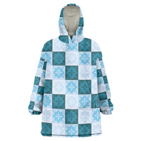Cyan Manta Ray Hawaiian Quilt Motif Wearable Blanket Hoodie