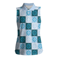 Cyan Manta Ray Hawaiian Quilt Motif Women Sleeveless Polo Shirt