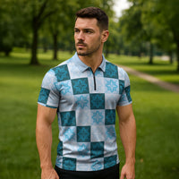 Cyan Manta Ray Hawaiian Quilt Motif Zipper Polo Shirt
