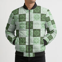 Sage Green Manta Ray Hawaiian Quilt Motif Bomber Puffer Jacket