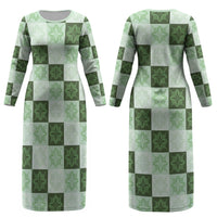 Sage Green Manta Ray Hawaiian Quilt Motif Couples Matching Long Sleeve Bodycon Dress and Hawaiian Shirt