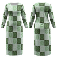Sage Green Manta Ray Hawaiian Quilt Motif Couples Matching Long Sleeve Bodycon Dress and Long Sleeve Button Shirt