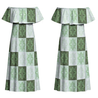 Sage Green Manta Ray Hawaiian Quilt Motif Couples Matching Off Shoulder Maxi Dress and Hawaiian Shirt