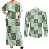 Sage Green Manta Ray Hawaiian Quilt Motif Couples Matching Off Shoulder Maxi Dress and Long Sleeve Button Shirt
