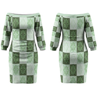 Sage Green Manta Ray Hawaiian Quilt Motif Couples Matching Off The Shoulder Long Sleeve Dress and Long Sleeve Button Shirt