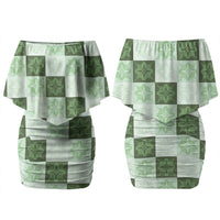 Sage Green Manta Ray Hawaiian Quilt Motif Family Matching Off Shoulder Short Dress and Hawaiian Shirt