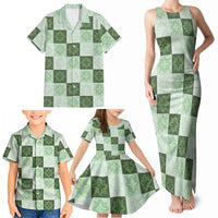 Sage Green Manta Ray Hawaiian Quilt Motif Family Matching Tank Maxi Dress and Hawaiian Shirt
