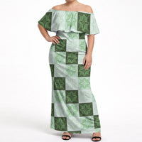 Sage Green Manta Ray Hawaiian Quilt Motif Off Shoulder Maxi Dress