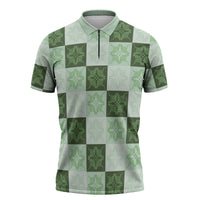 Sage Green Manta Ray Hawaiian Quilt Motif Zipper Polo Shirt