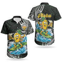 Aloha Hawaii Mango Surfing Couples Matching Off Shoulder Short Dress and Hawaiian Shirt Polynesian Style