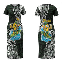 Aloha Hawaii Mango Surfing Couples Matching Short Sleeve Bodycon Dress and Long Sleeve Button Shirt Polynesian Style