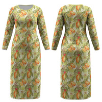 Vintage Hawaii Mango Couples Matching Long Sleeve Bodycon Dress and Hawaiian Shirt Yellow Green Hawaiian Palaka