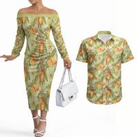 Vintage Hawaii Mango Couples Matching Off The Shoulder Long Sleeve Dress and Hawaiian Shirt Yellow Green Hawaiian Palaka