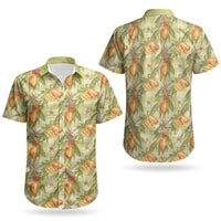 Vintage Hawaii Mango Couples Matching Off The Shoulder Long Sleeve Dress and Hawaiian Shirt Yellow Green Hawaiian Palaka