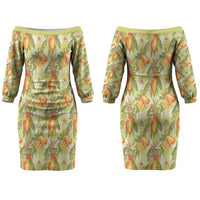Vintage Hawaii Mango Couples Matching Off The Shoulder Long Sleeve Dress and Long Sleeve Button Shirt Yellow Green Hawaiian Palaka