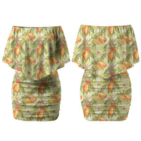 Vintage Hawaii Mango Family Matching Off Shoulder Short Dress and Hawaiian Shirt Yellow Green Hawaiian Palaka
