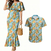 Vintage Hawaii Mango Couples Matching Mermaid Dress and Hawaiian Shirt Blue Hawaiian Palaka