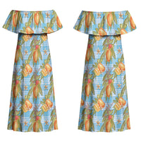 Vintage Hawaii Mango Couples Matching Off Shoulder Maxi Dress and Hawaiian Shirt Blue Hawaiian Palaka
