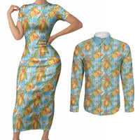 Vintage Hawaii Mango Couples Matching Short Sleeve Bodycon Dress and Long Sleeve Button Shirt Blue Hawaiian Palaka