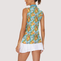 Vintage Hawaii Mango Women Sleeveless Polo Shirt Blue Hawaiian Palaka