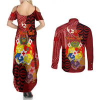 Personalized Tonga Couples Matching Summer Maxi Dress and Long Sleeve Button Shirts Coat Of Arms Tongatapu With Ngatu Pattern LT05 - Polynesian Pride