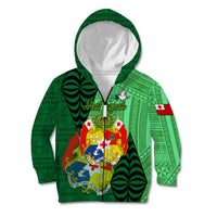 Personalized Tonga Kid Hoodie Coat Of Arms Haapai With Ngatu Pattern LT05 Zip Hoodie Green - Polynesian Pride