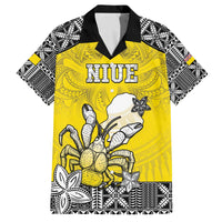 Personalised Happy Niue Constitution Day Family Matching Off Shoulder Short Dress and Hawaiian Shirt Niuean Crab Hiapo Pattern Yellow Version