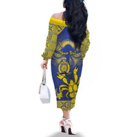 Personalised Niue The Rock Family Matching Off The Shoulder Long Sleeve Dress and Hawaiian Shirt Niuean Crab Hiapo Pattern Blue Version