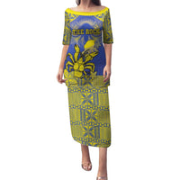 Personalised Niue The Rock Family Matching Puletasi and Hawaiian Shirt Niuean Crab Hiapo Pattern Blue Version