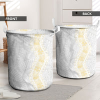 Niue White Sunday Laundry Basket Niuean Hiapo With Puakenikeni Lei