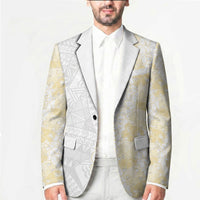 Niue White Sunday Blazer Niuean Hiapo With Puakenikeni Lei