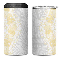 Niue White Sunday 4 in 1 Can Cooler Tumbler Niuean Hiapo With Puakenikeni Lei
