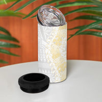Niue White Sunday 4 in 1 Can Cooler Tumbler Niuean Hiapo With Puakenikeni Lei