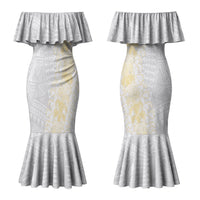 Niue White Sunday Couples Matching Mermaid Dress and Long Sleeve Button Shirt Niuean Hiapo With Puakenikeni Lei