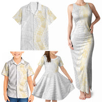 Niue White Sunday Family Matching Tank Maxi Dress and Hawaiian Shirt Niuean Hiapo With Puakenikeni Lei