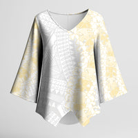 Niue White Sunday Kimono Sleeve Blouse Niuean Hiapo With Puakenikeni Lei