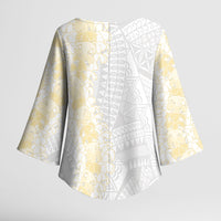Niue White Sunday Kimono Sleeve Blouse Niuean Hiapo With Puakenikeni Lei
