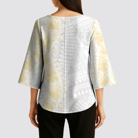 Niue White Sunday Kimono Sleeve Blouse Niuean Hiapo With Puakenikeni Lei