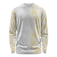 Niue White Sunday Long Sleeve Shirt Niuean Hiapo With Puakenikeni Lei