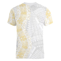 Niue White Sunday Women V-Neck T-Shirt Niuean Hiapo With Puakenikeni Lei
