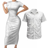 American Samoa White Sunday Couples Matching Short Sleeve Bodycon Dress and Hawaiian Shirt Polynesian Pattern With Tropical Flowers