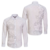 American Samoa White Sunday Family Matching Long Sleeve Bodycon Dress and Hawaiian Shirt Polynesian Pattern With Tropical Flowers