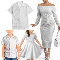 American Samoa White Sunday Family Matching Off The Shoulder Long Sleeve Dress and Hawaiian Shirt Polynesian Pattern With Tropical Flowers